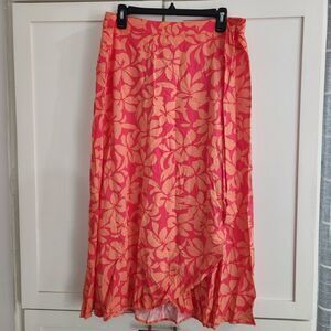 J Crew Faux Wrap Midi Skirt Womens Pink Orange Floral Pull On Size Large NEW